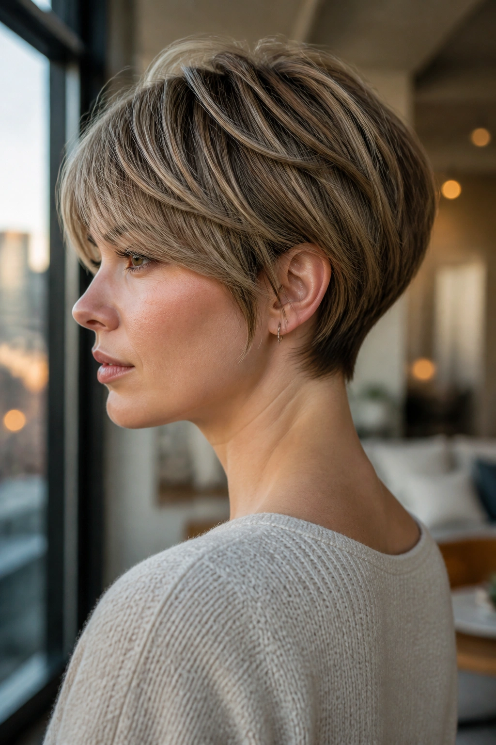 Close-up of Pixie-Bob Hybrid with tapered nape on a real woman