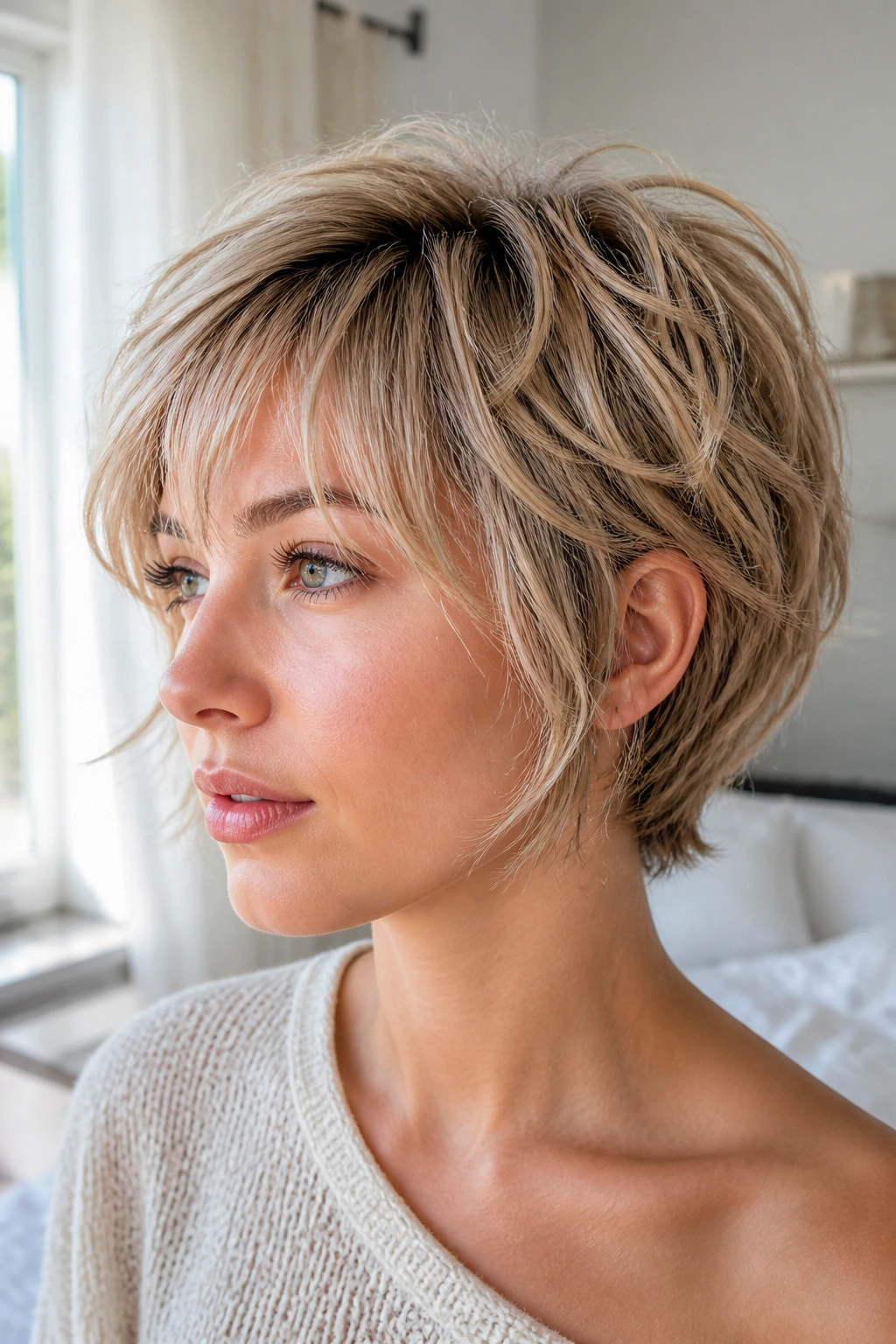 Close-up of a real woman with layered pixie bob hybrid around jawline