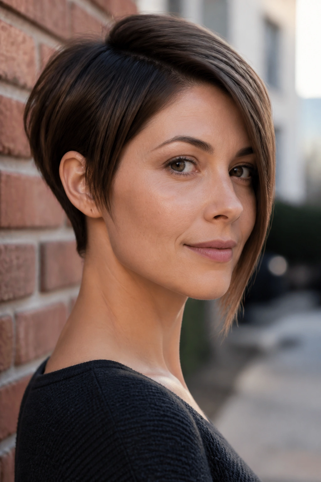Close-up of real person with pixie bob showing one longer side toward the jawline.