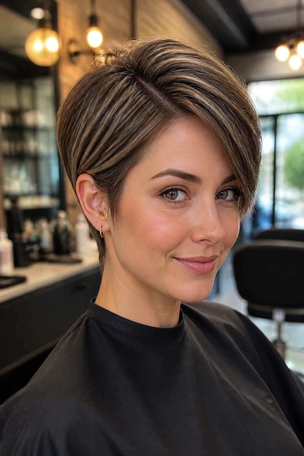 Close-up portrait of a real person with pixie-bob and micro-balayage around temple and crown in a salon