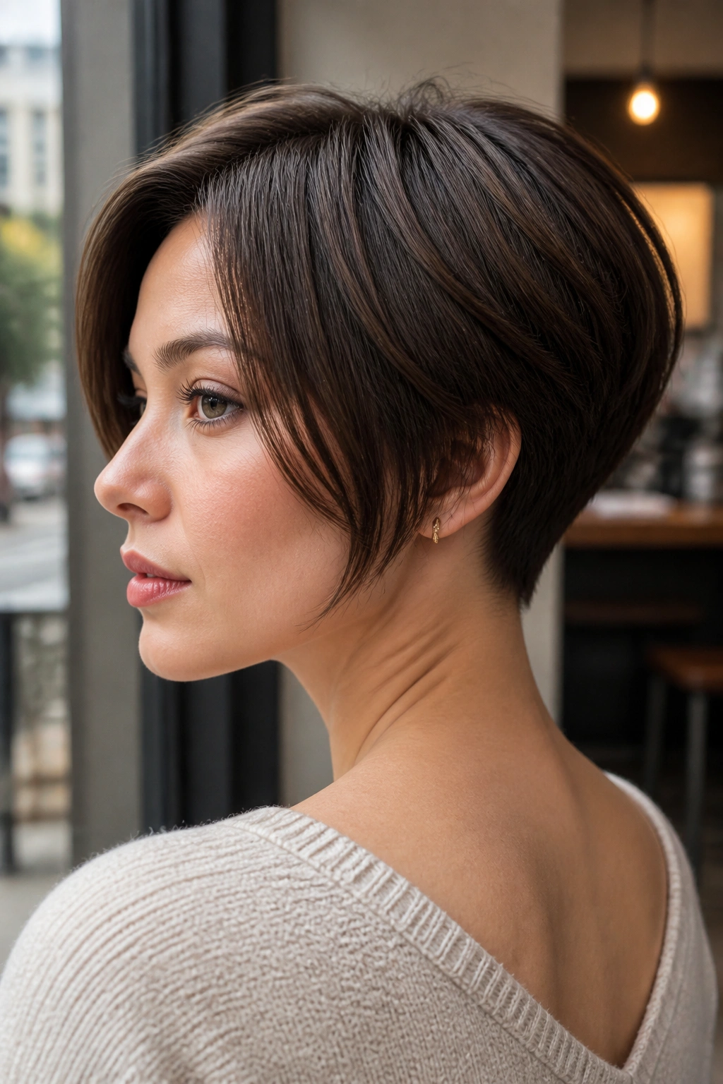 Close-up portrait of a real woman with a sleek pixie bob and narrow nape