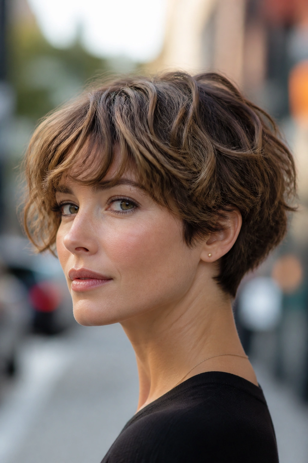 Close-up portrait of a real person with a pixie bob hairstyle