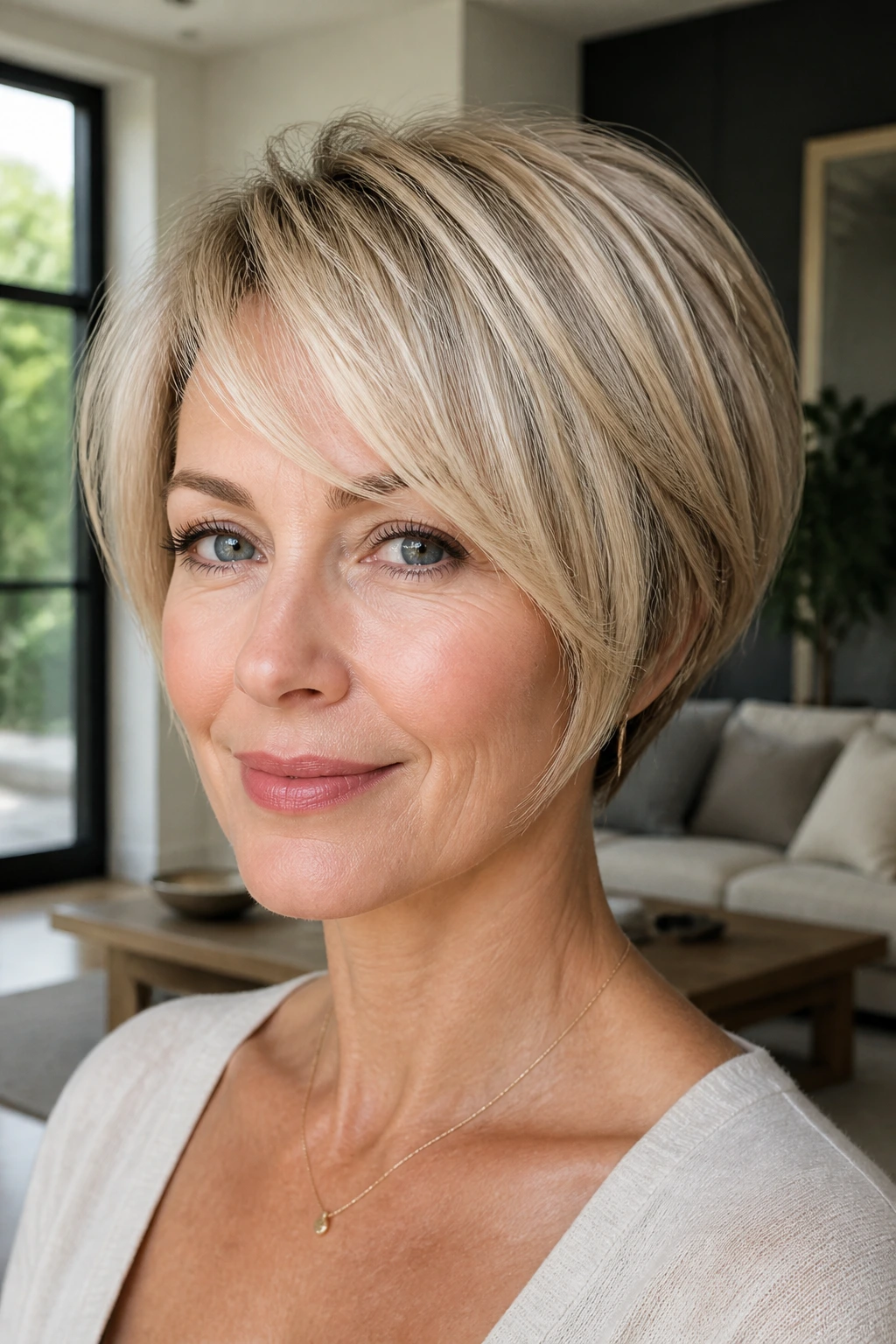 Close-up portrait of a real woman with Blonde Pixie Cuts for Fine Hair in a Pixie Bob Shape hairstyle.