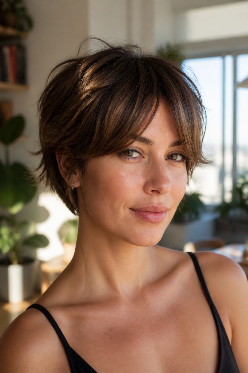 Close-up portrait of a real woman with pixie-bob shag and curtain fringe in a sunlit room.