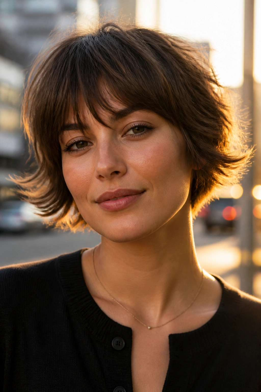 Portrait of a real person with shaggy pixie bob and flipped tips.