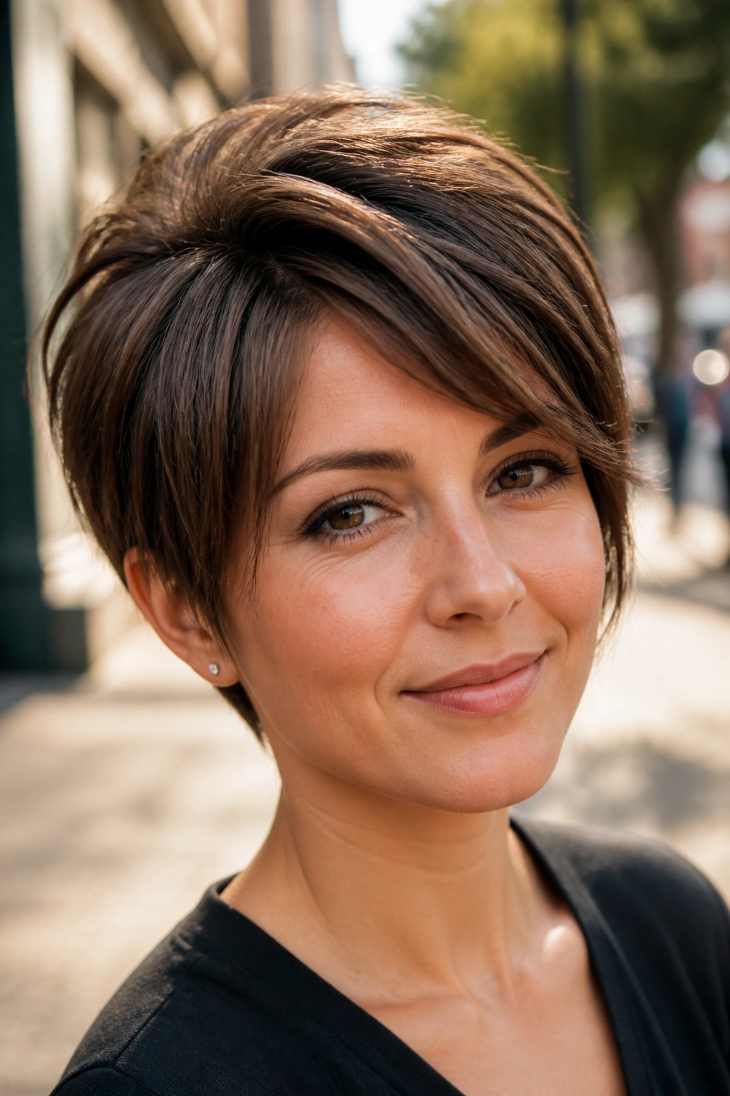 Portrait of a real woman with a pixie bob in natural sunlight outdoors.