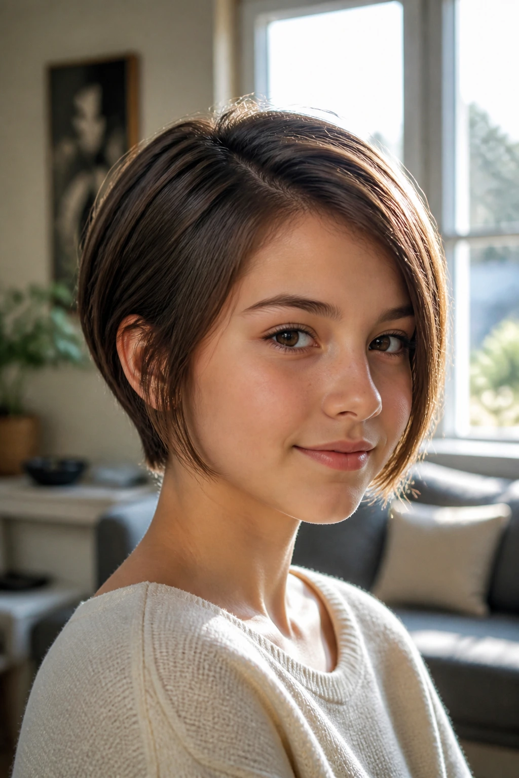 Close-up of a girl with pixie bob bridging short back and longer front