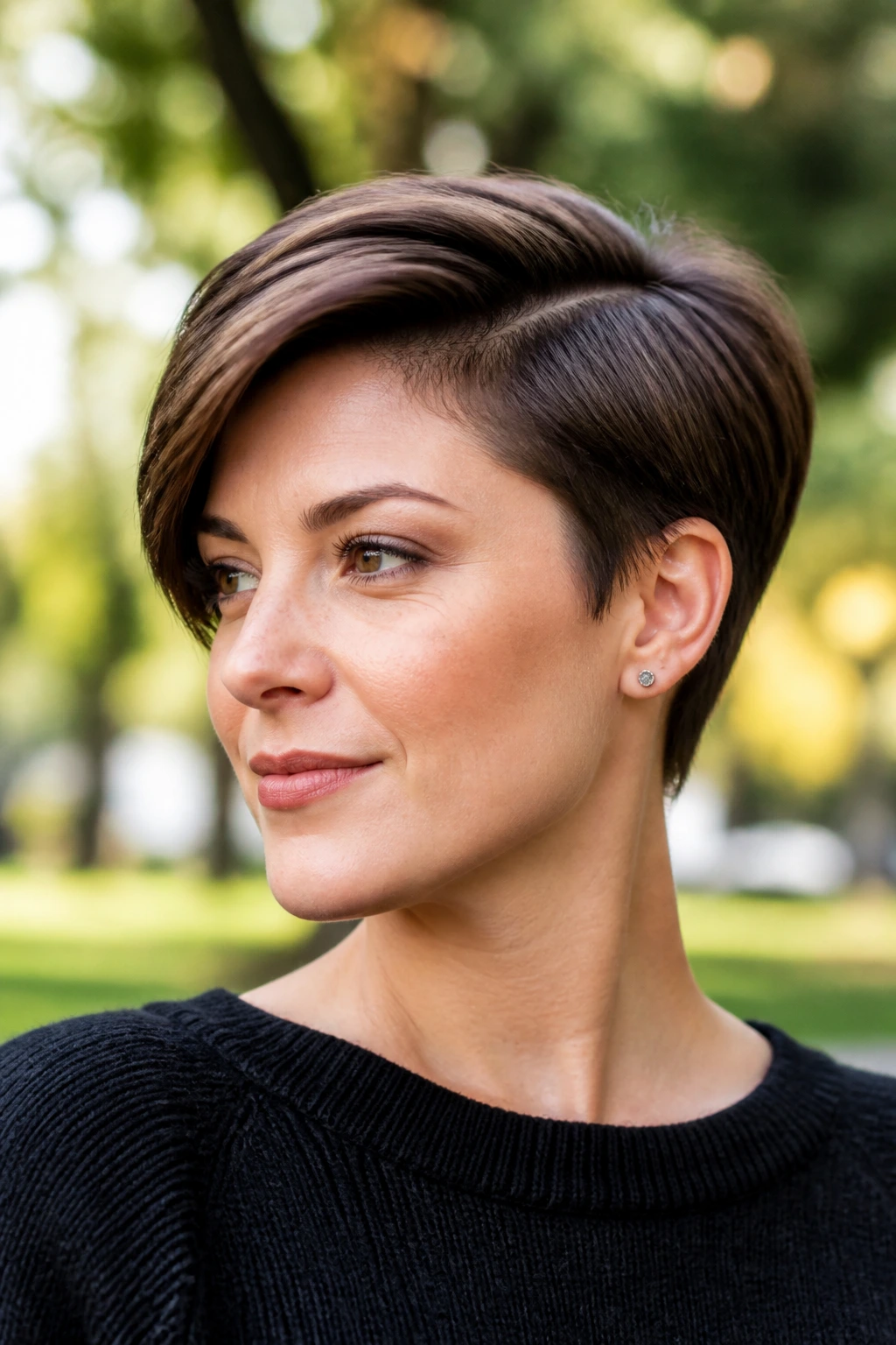 Close-up of a real woman wearing a side-parted pixie bob.