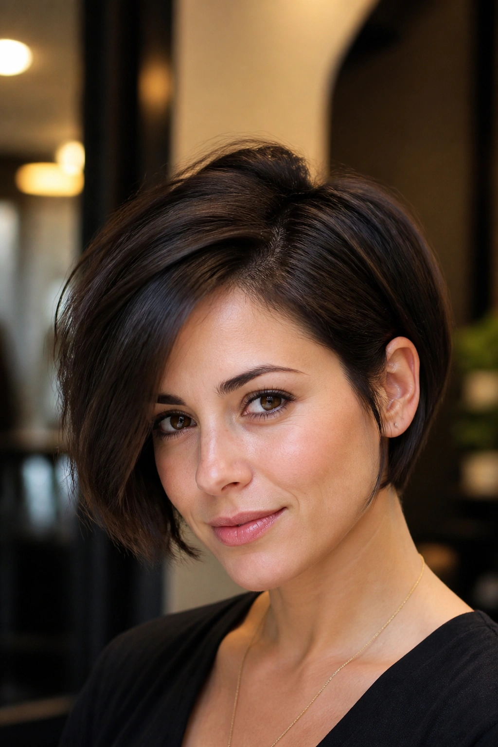 Close-up of a real woman with side-parted pixie bob in a chic salon