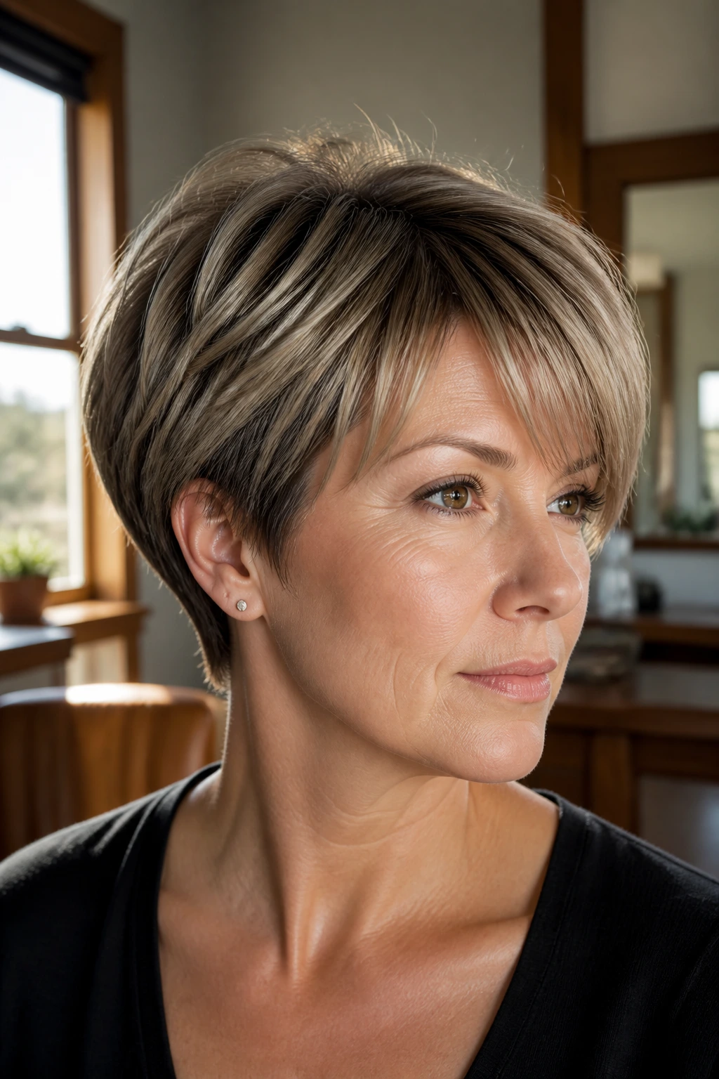 Close-up portrait of a real woman with a pixie-bob stack hairstyle featuring a lifted crown and cropped nape.