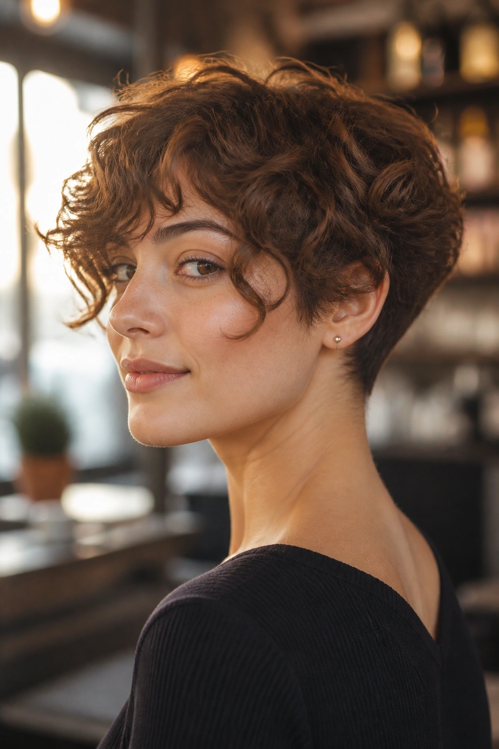Close-up of a real person with pixie bob and tapered nape in a cozy cafe setting
