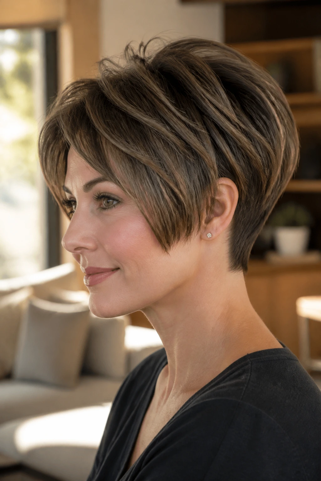 Close-up portrait of a real woman with a pixie bob featuring a tapered back and longer top