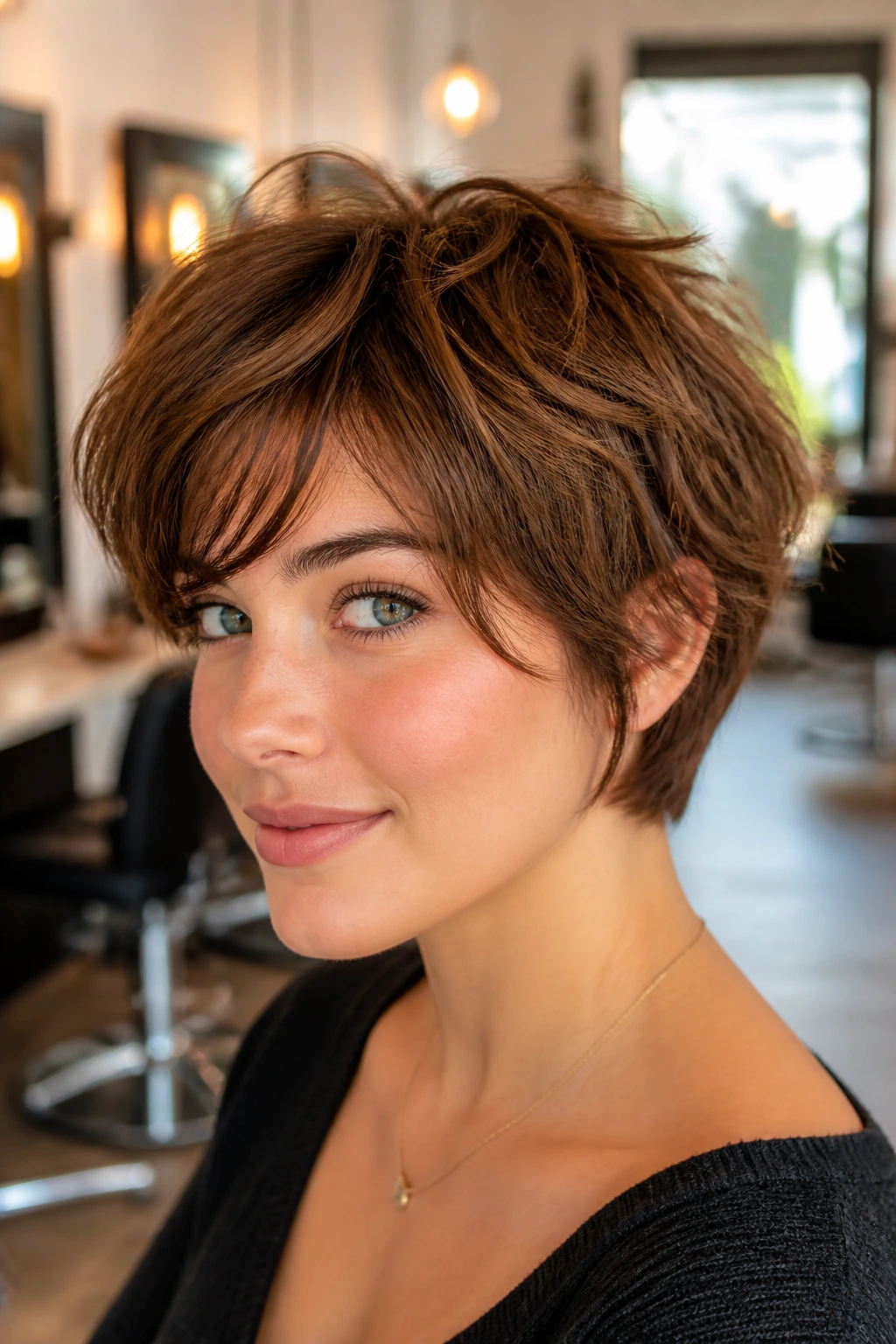 Close-up of a real woman with a piecey pixie bob showing textured top and fringe in a salon setting