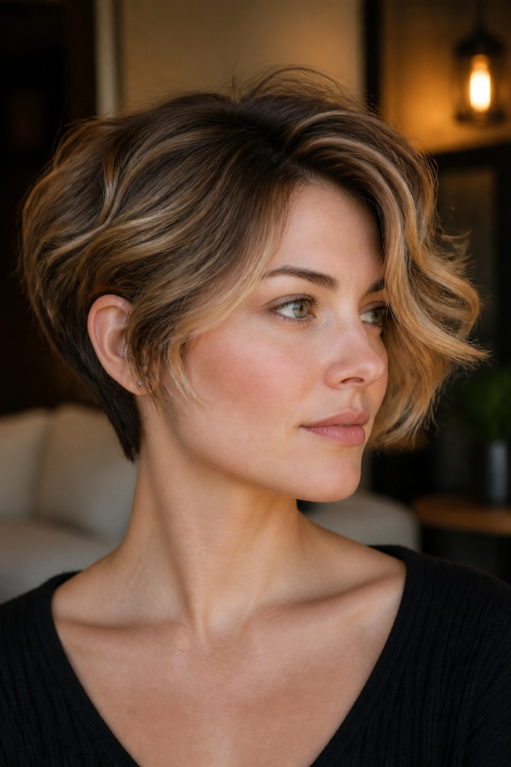 Portrait of a real woman with a pixie bob hybrid and soft waves, close-up.
