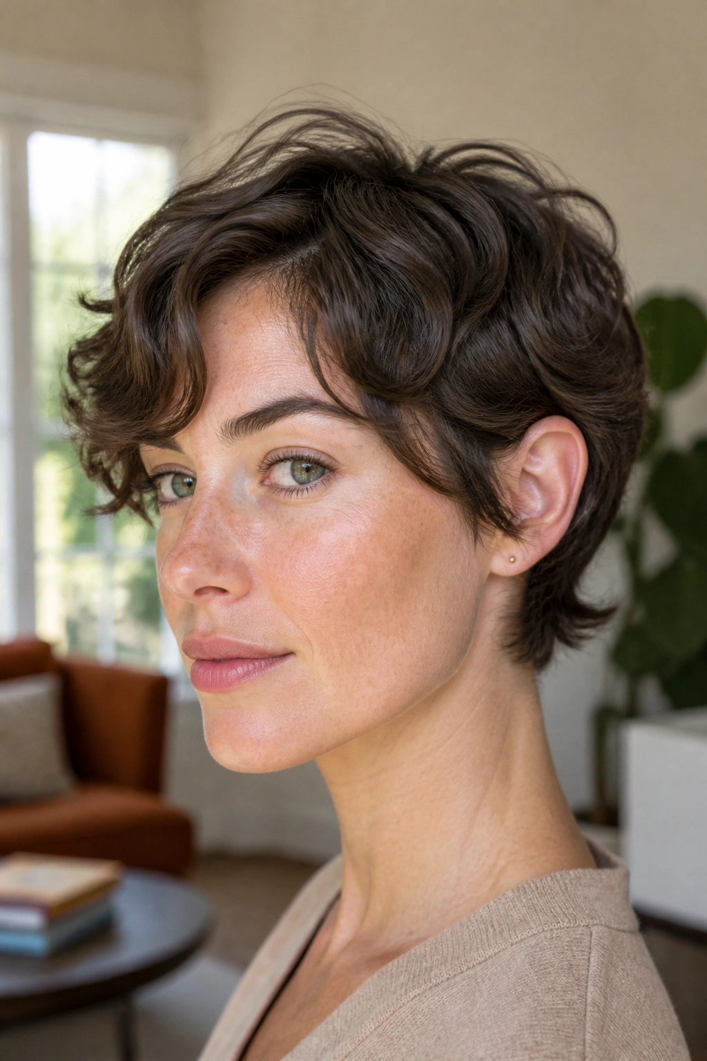 Real person with grown-out pixie bob in a bright home setting