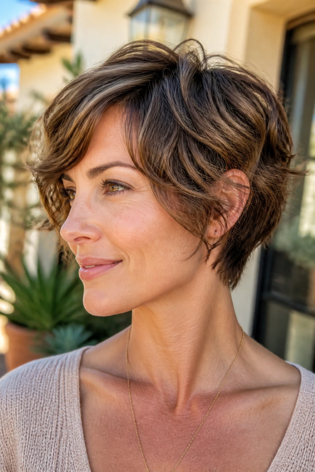 Real woman with a wavy pixie-bob and soft sides.