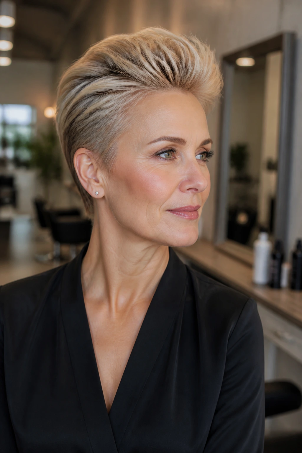 Close-up of a real woman with brushed-back glam pixie in a chic salon