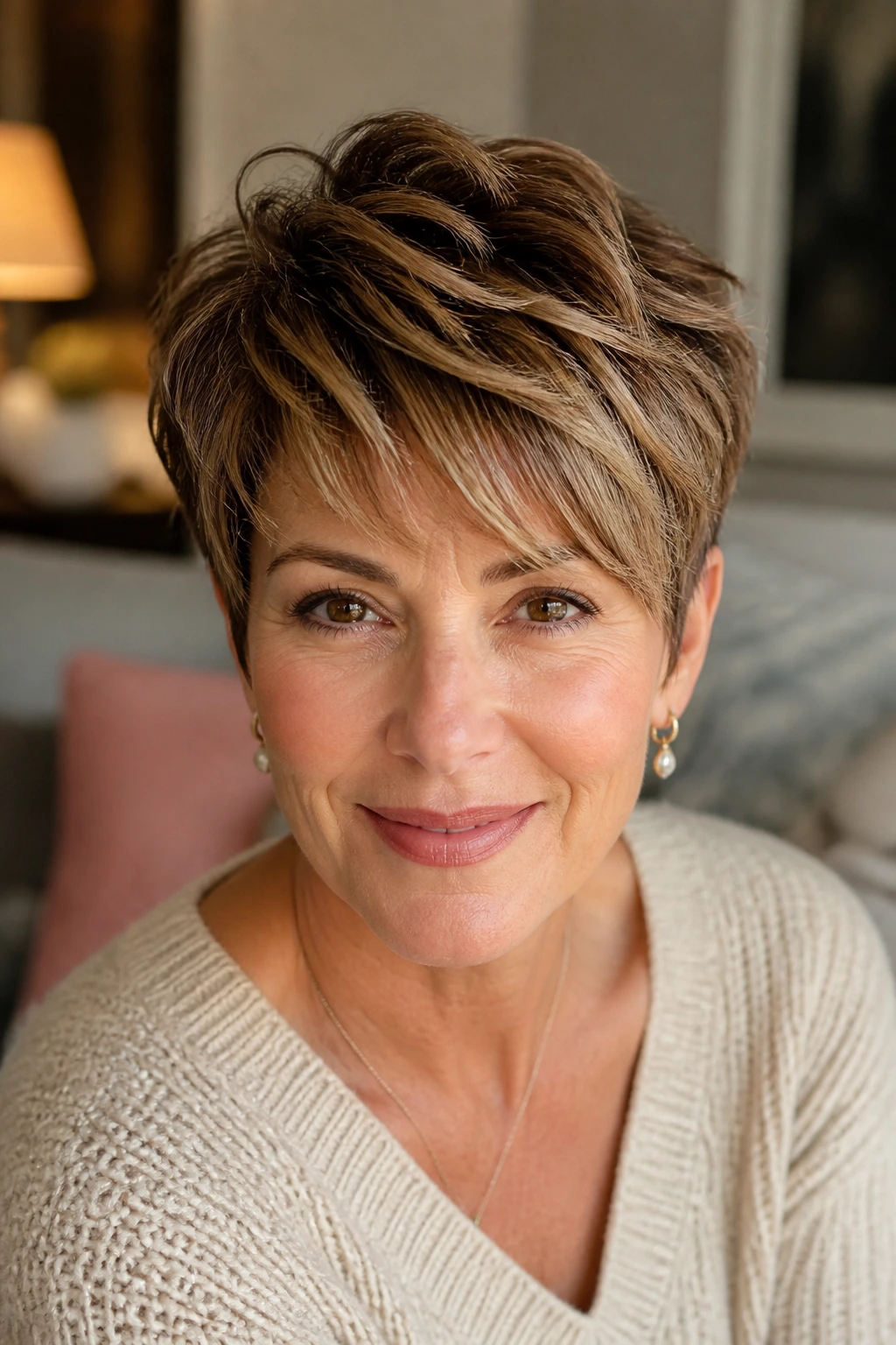 Close-up of a real woman with caramel balayage layered pixie in a cozy room.