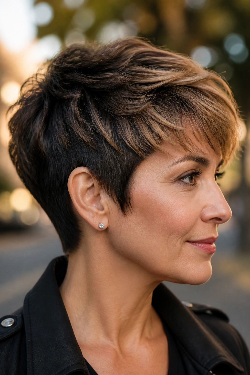 Close-up of a real woman with caramel-dipped tapered pixie in golden-hour light