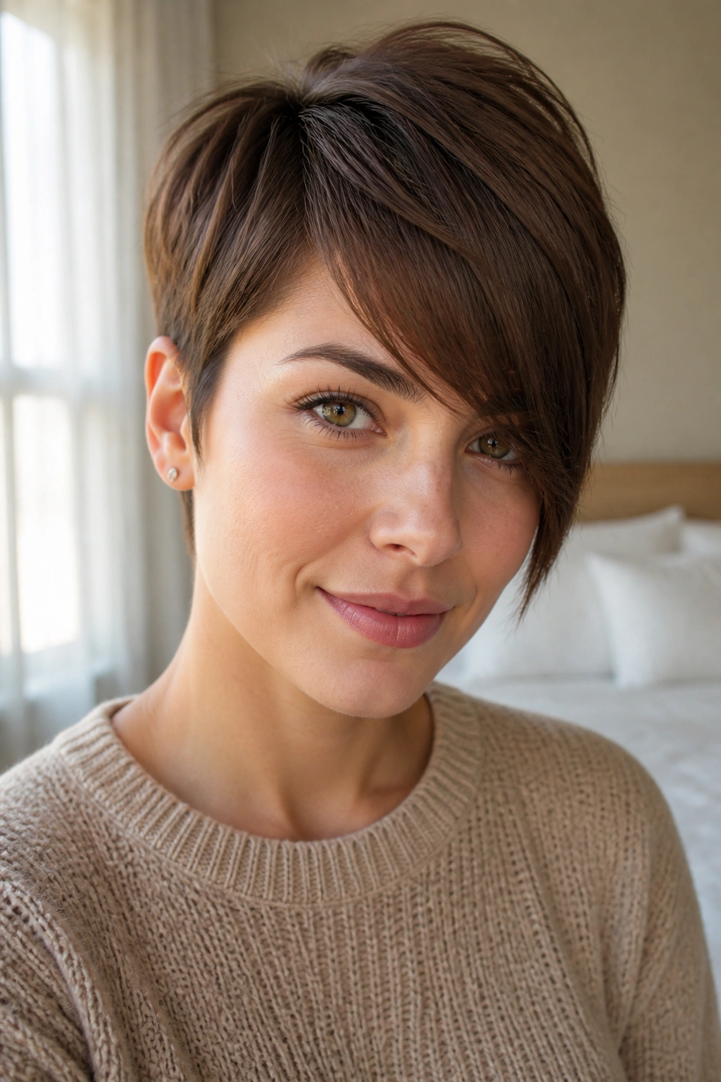 Close-up portrait of a real woman with chestnut pixie and long side fringe in warm window light
