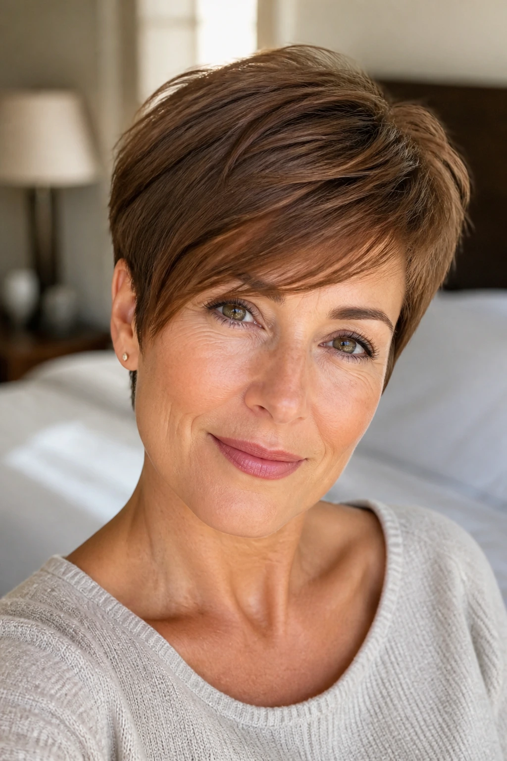 Close-up of a real woman with a soft chestnut pixie and side-swept fringe in a cozy bedroom.