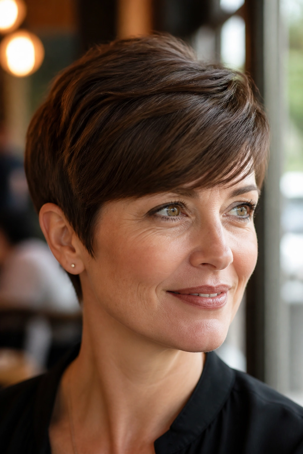 Portrait of a real woman with chestnut pixie and diagonal side-swept fringe