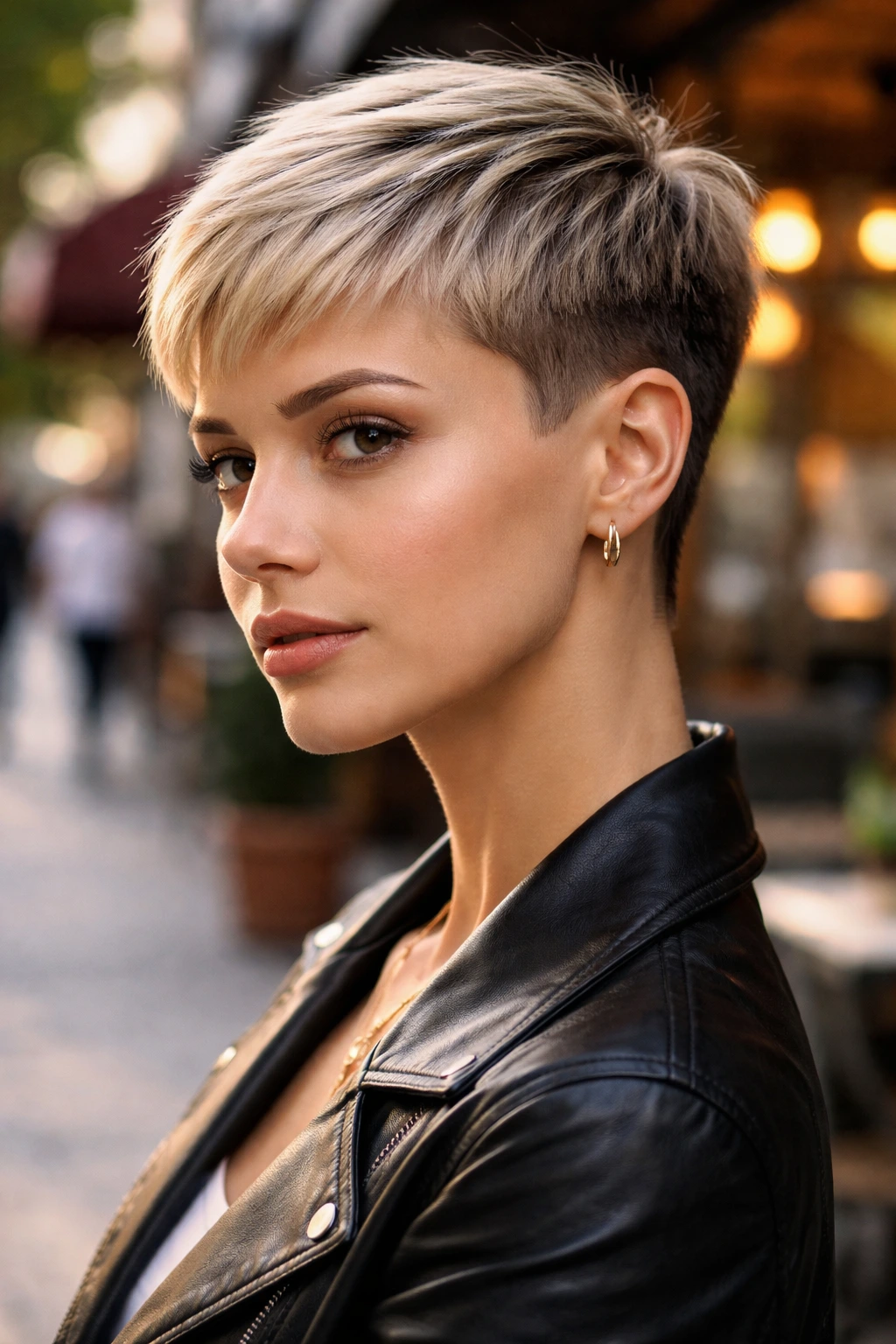 Close-up portrait of a real woman with a bold-line close-cropped pixie