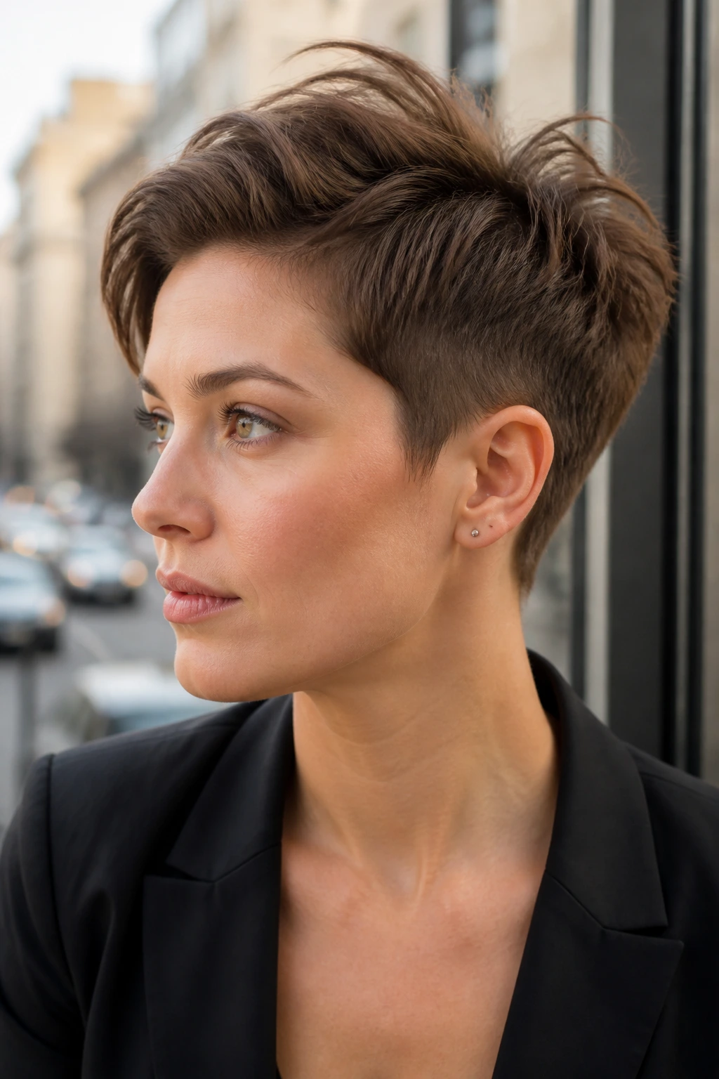 Close-up of a real woman with a cocoa tapered pixie and lifted crown outdoors near a window.