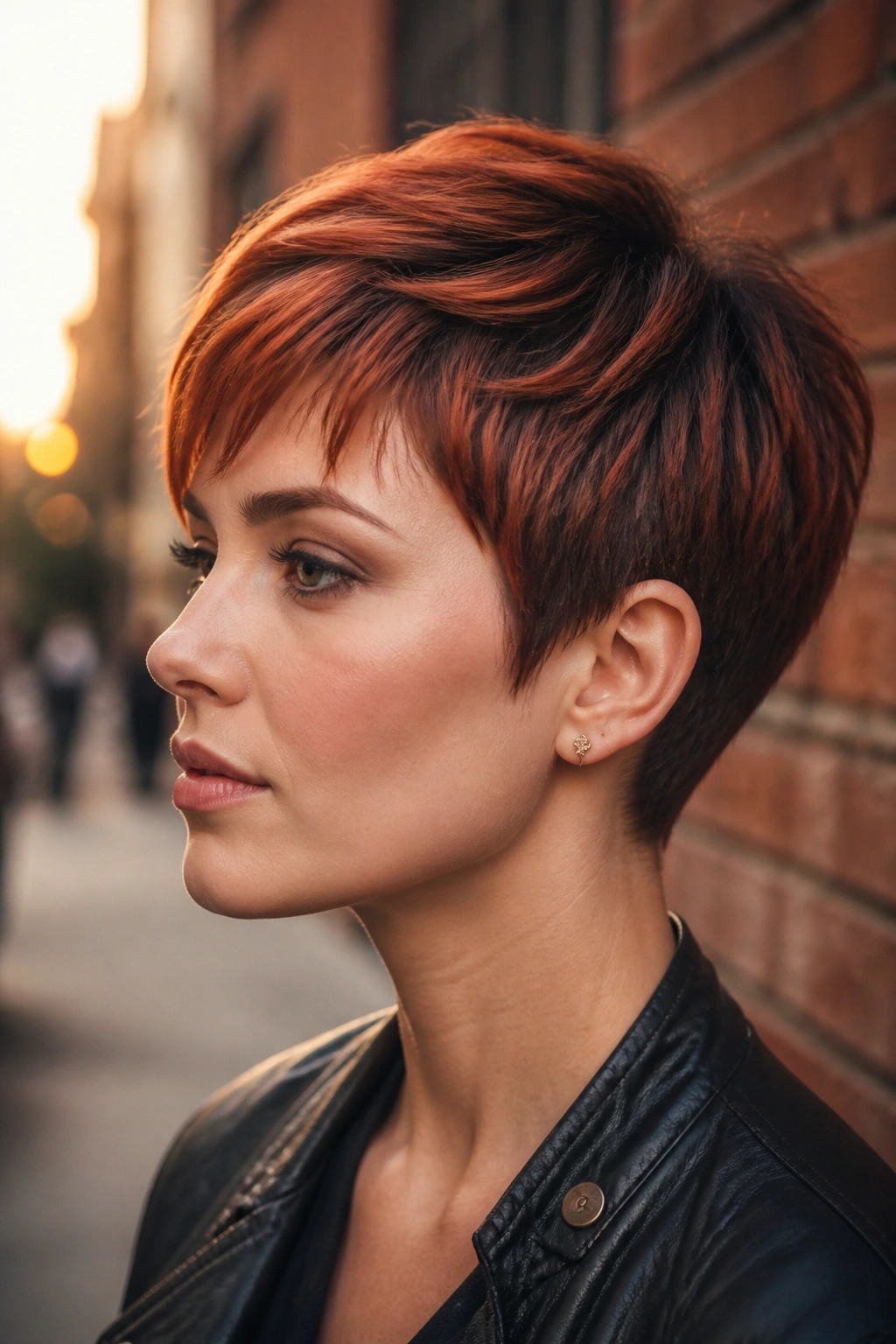 Portrait of a woman with copper mahogany pixie and dark roots on an urban street