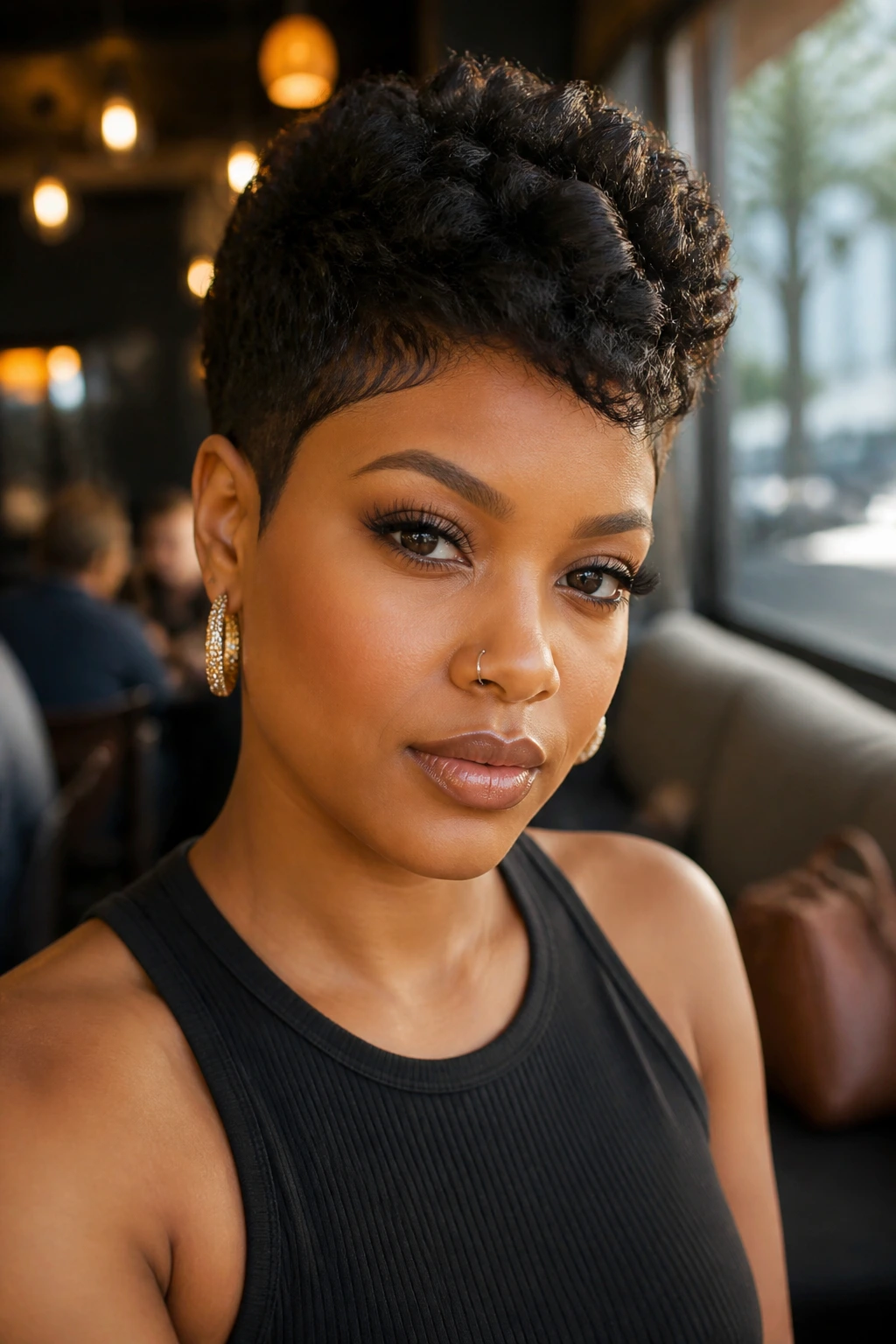 Close-up of woman with short pixie crochet mohawk in a cafe setting