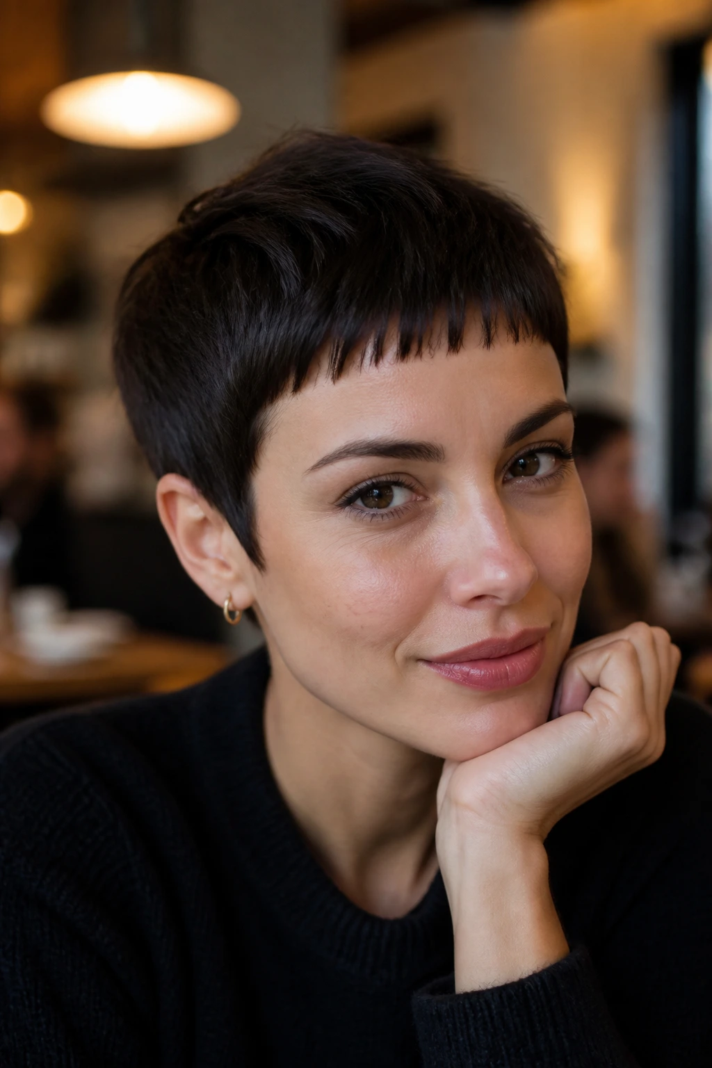 Close-up of a real woman with a deep espresso pixie and micro fringe in a cafe setting.