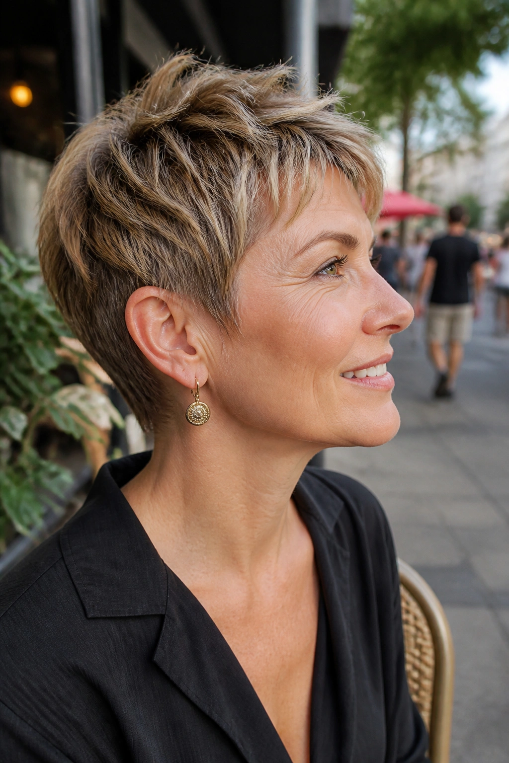 Close-up side profile of a woman with a pixie crop and textured top