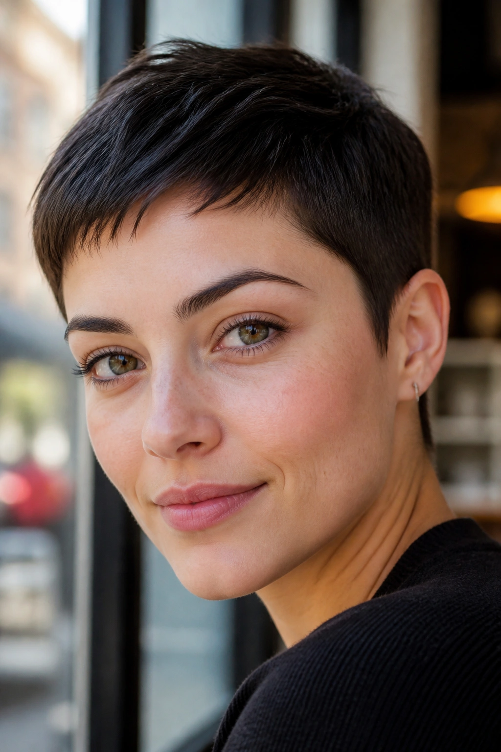 Close-up portrait of a real person with a minimal close crop hairstyle