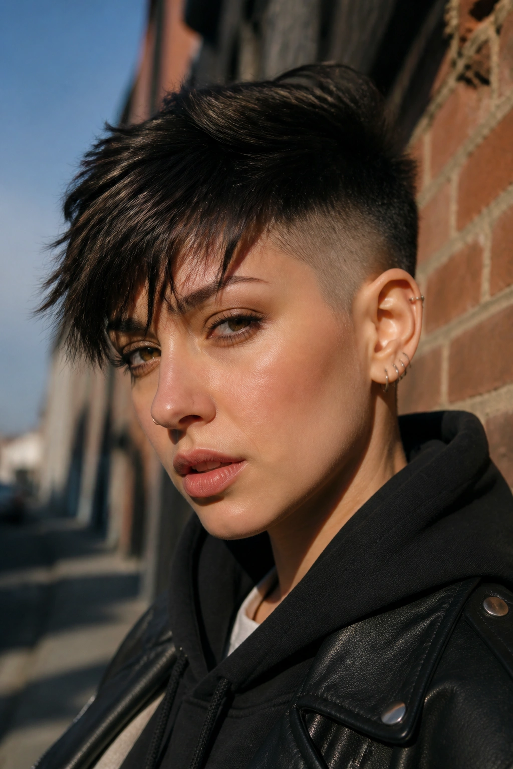 Close-up portrait of a person with a pixie crop and sharp side shave on a sunlit street.