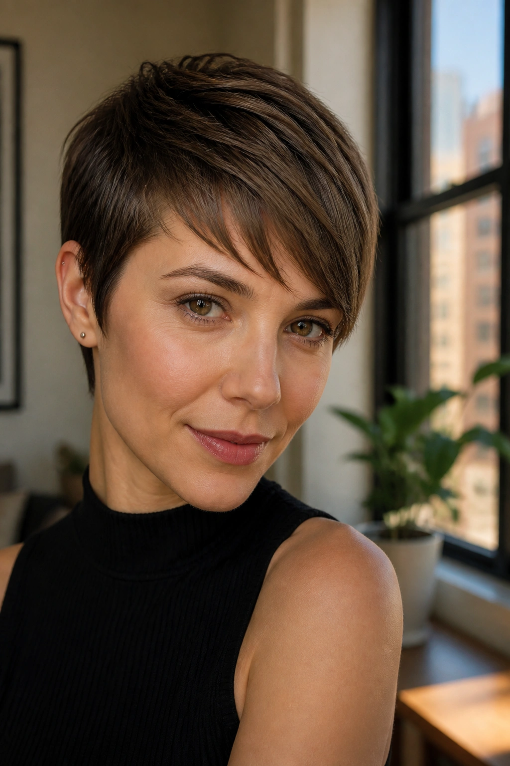 Close-up of a real woman with cropped side bangs for pixies