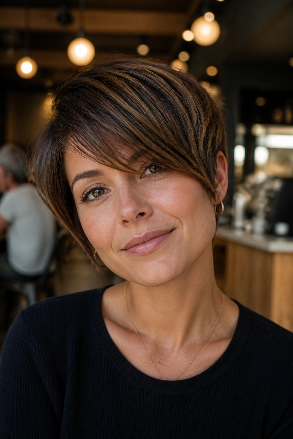 Real person with pixie cropped bob and side bangs in a cafe setting