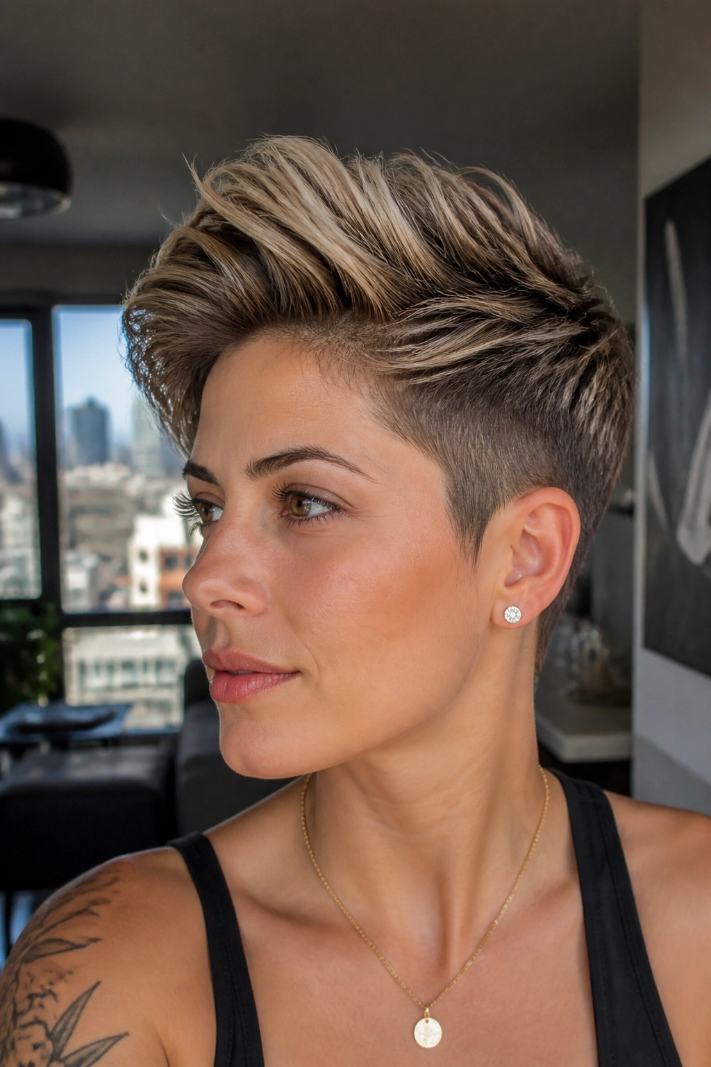 Close-up portrait of a real person with Cropped Sides With an Elongated Top pixie hairstyle.
