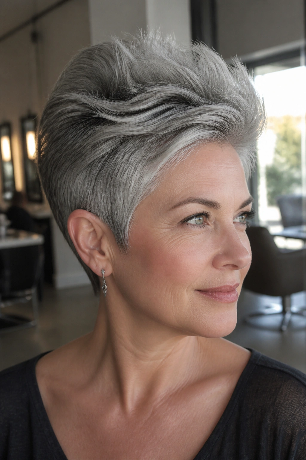 Real woman with long pixie and lifted crown hairstyle in a bright salon setting.