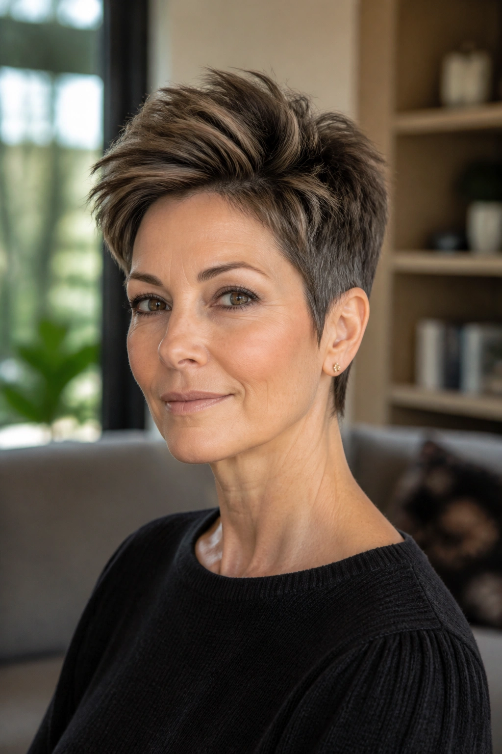 Portrait of a real woman with crown-heavy pixie hairstyle in a sunlit living room.