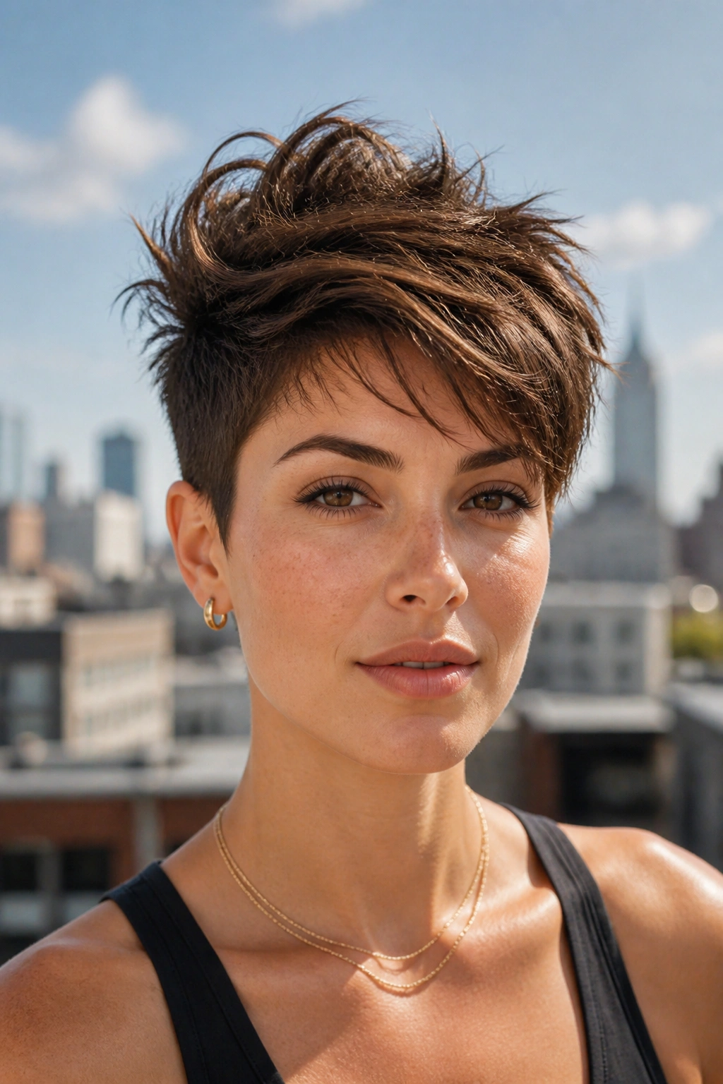 Close-up of a real woman with a crown-height pixie cut in an urban rooftop setting
