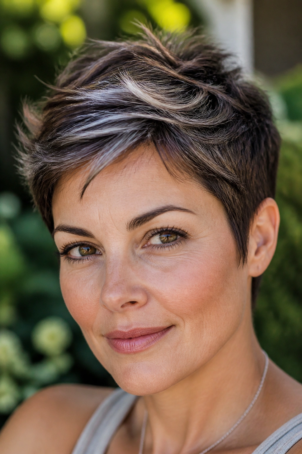 Close-up portrait of brunette pixie with silver crown highlights