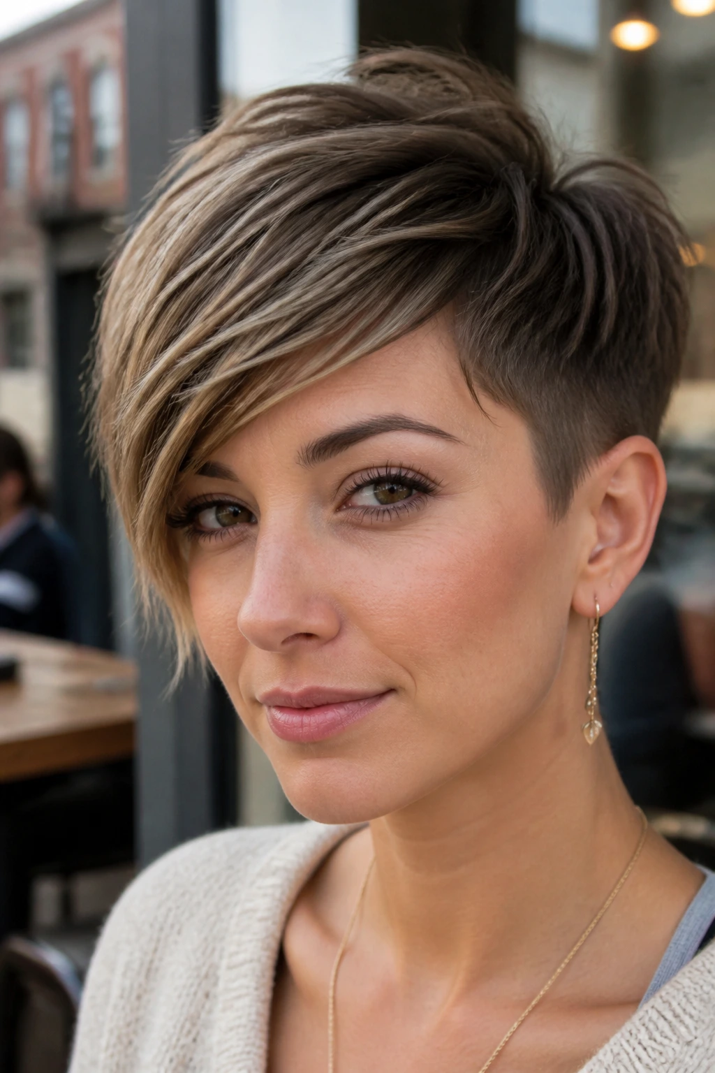 Real woman with pixie haircut sweeping crown length in natural light.