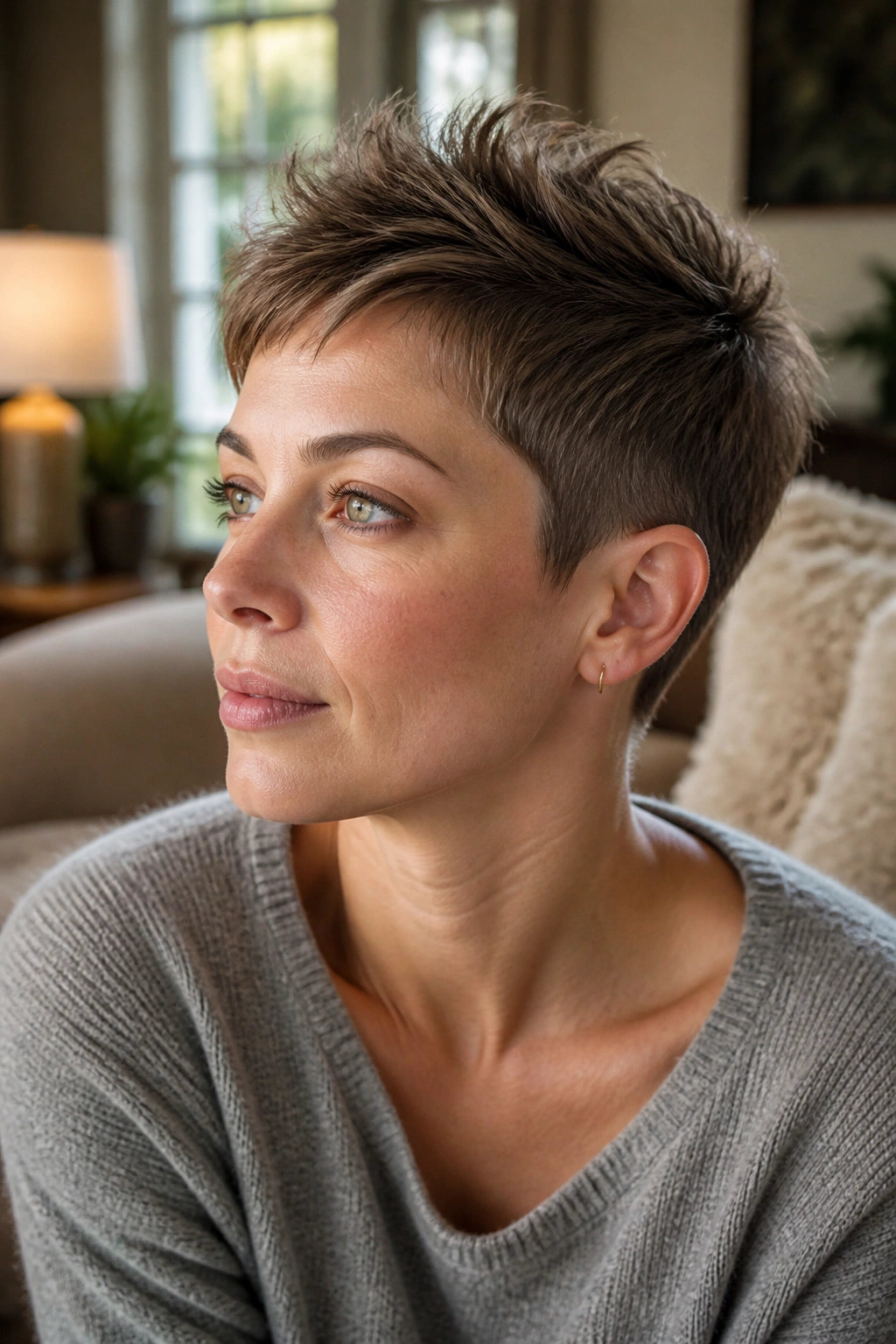 Close-up portrait of a real woman with crown-lifted micro pixie hairstyle and lifted crown