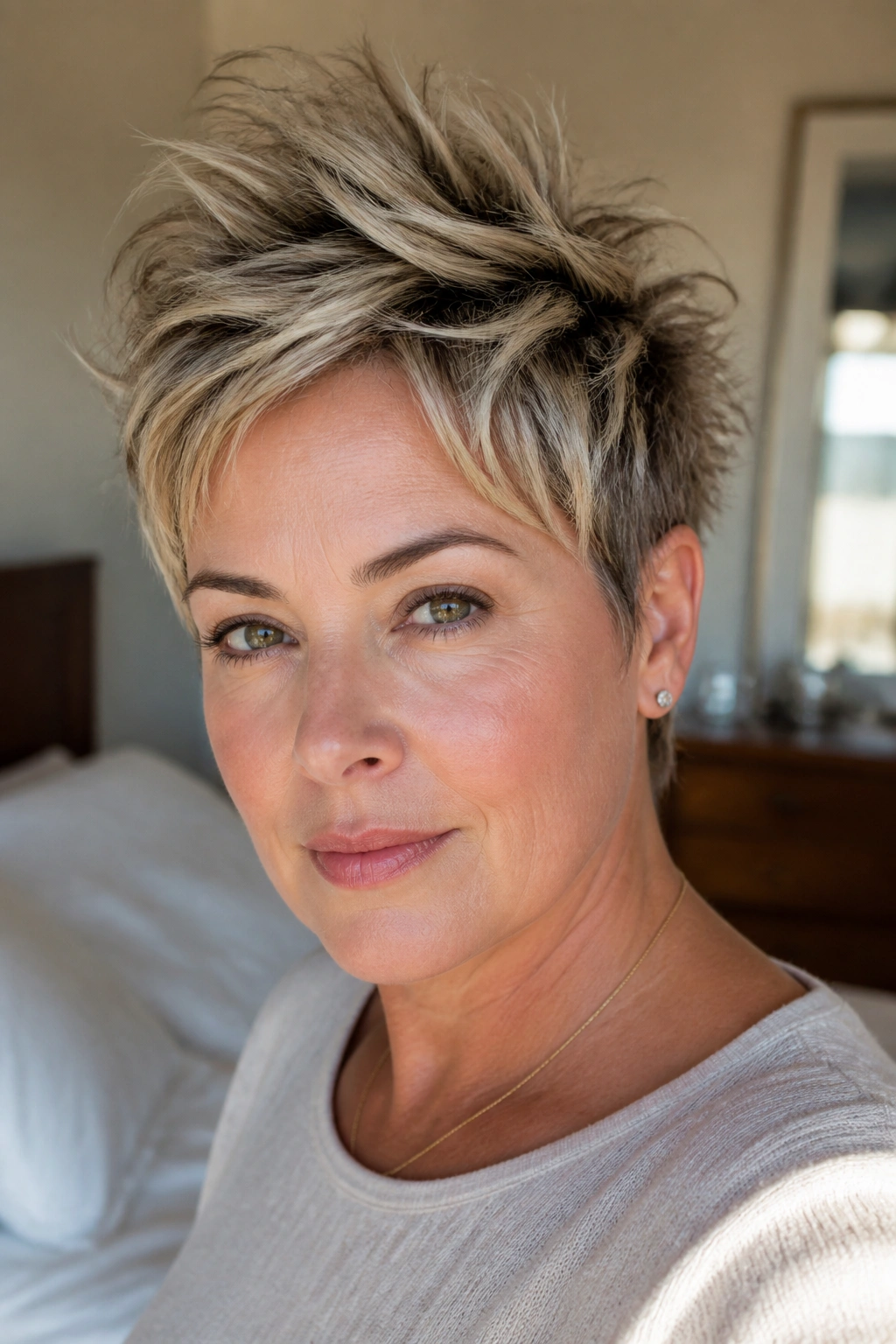 Close-up portrait of a real woman with a choppy pixie and crown lift