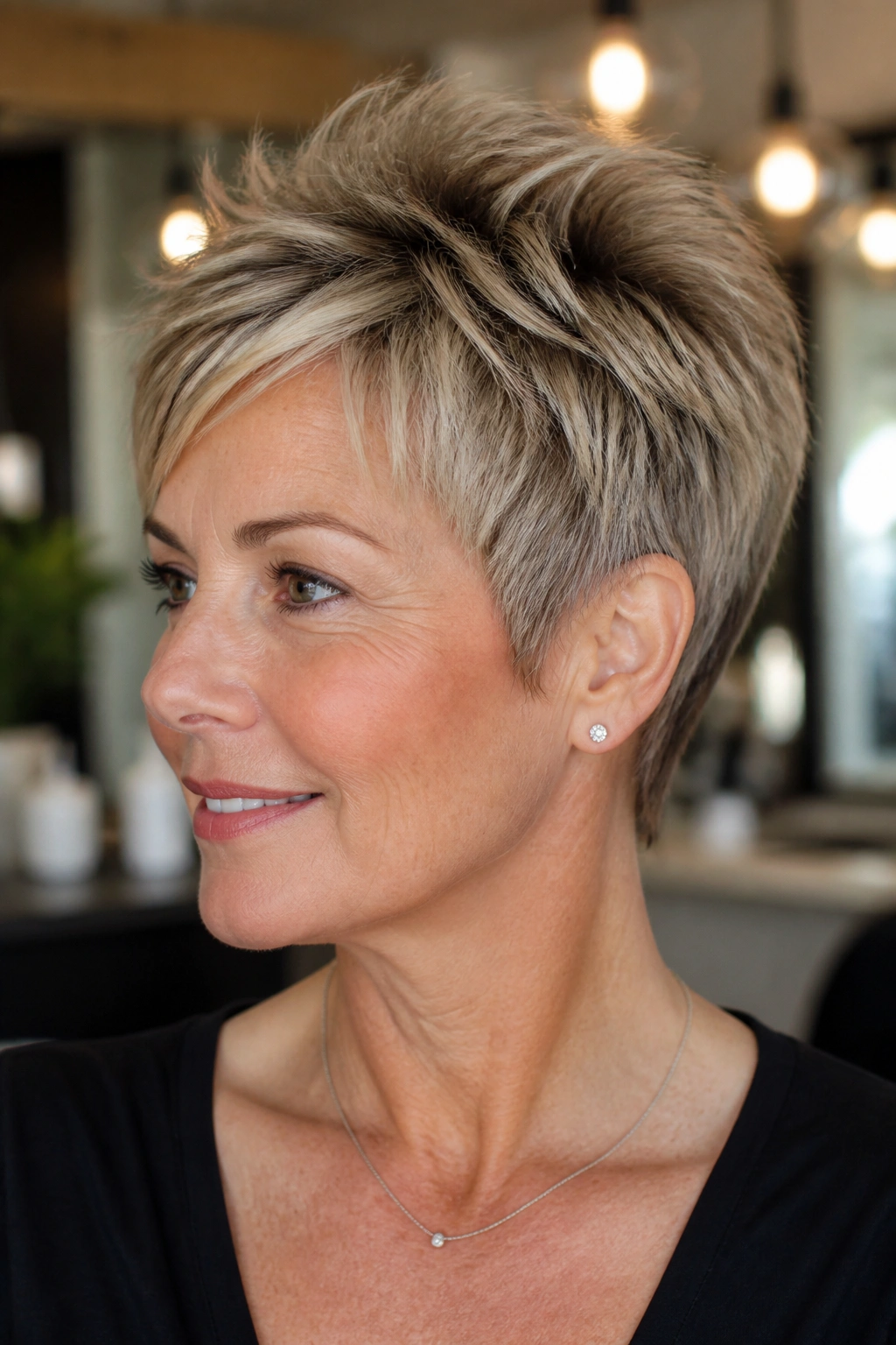 Close-up portrait of a real woman with a choppy crown-lift pixie and sliced crown layers