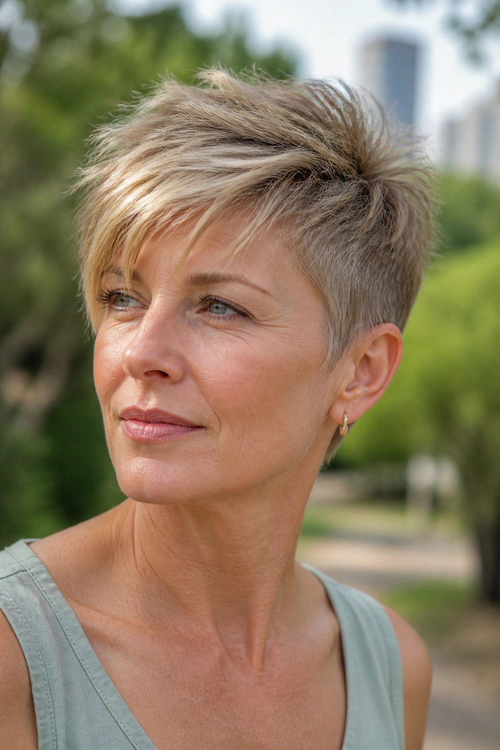 Close-up of real woman with long-crown pixie hair lift