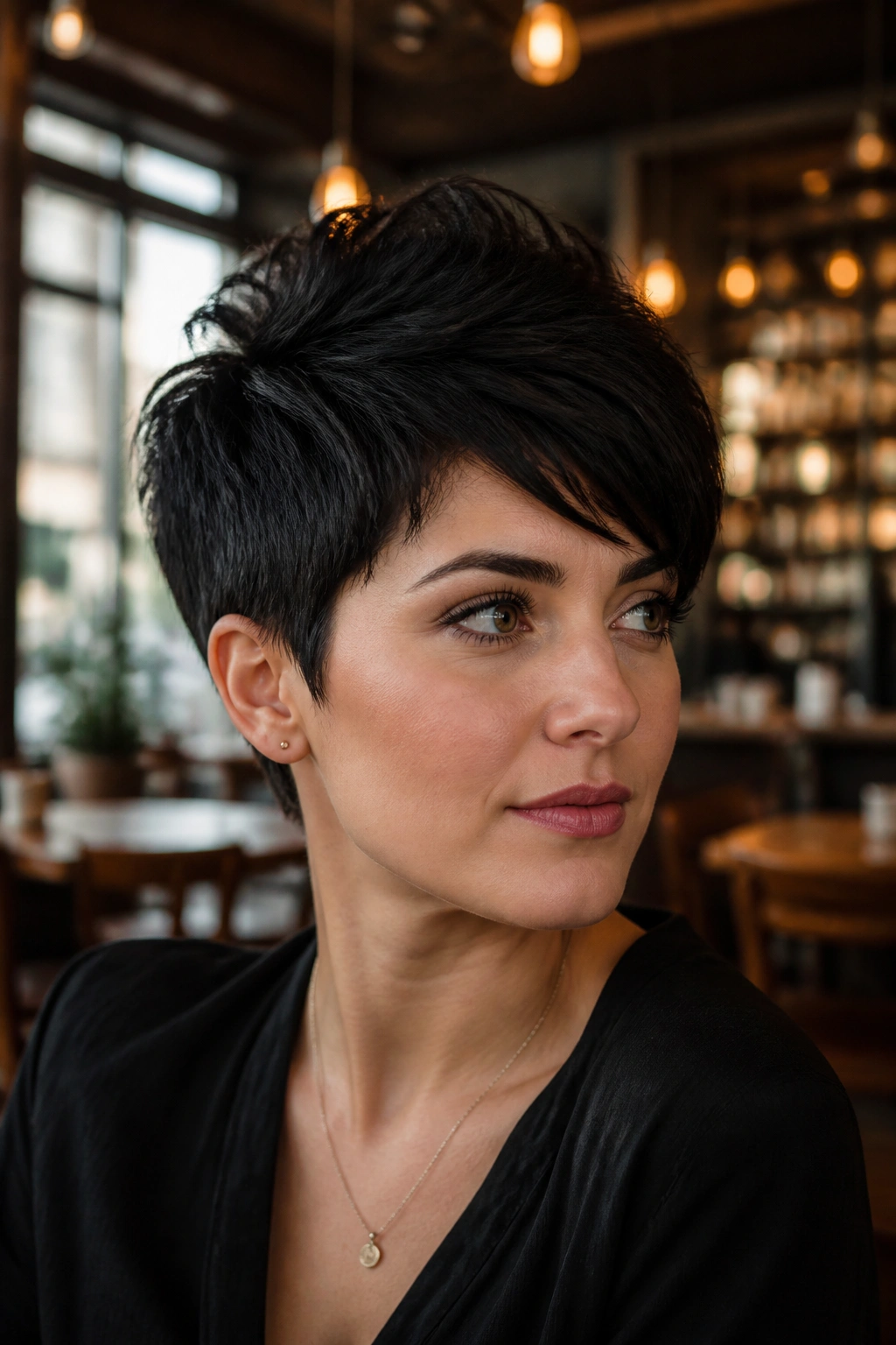Close-up of a woman with a jet-black pixie and crown lift.