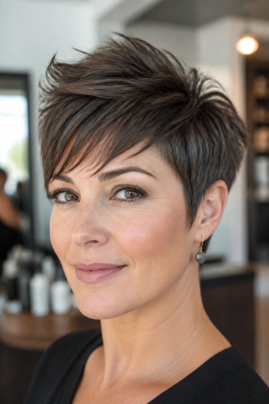Close-up of a real woman with crown-lifted classic choppy pixie haircut.