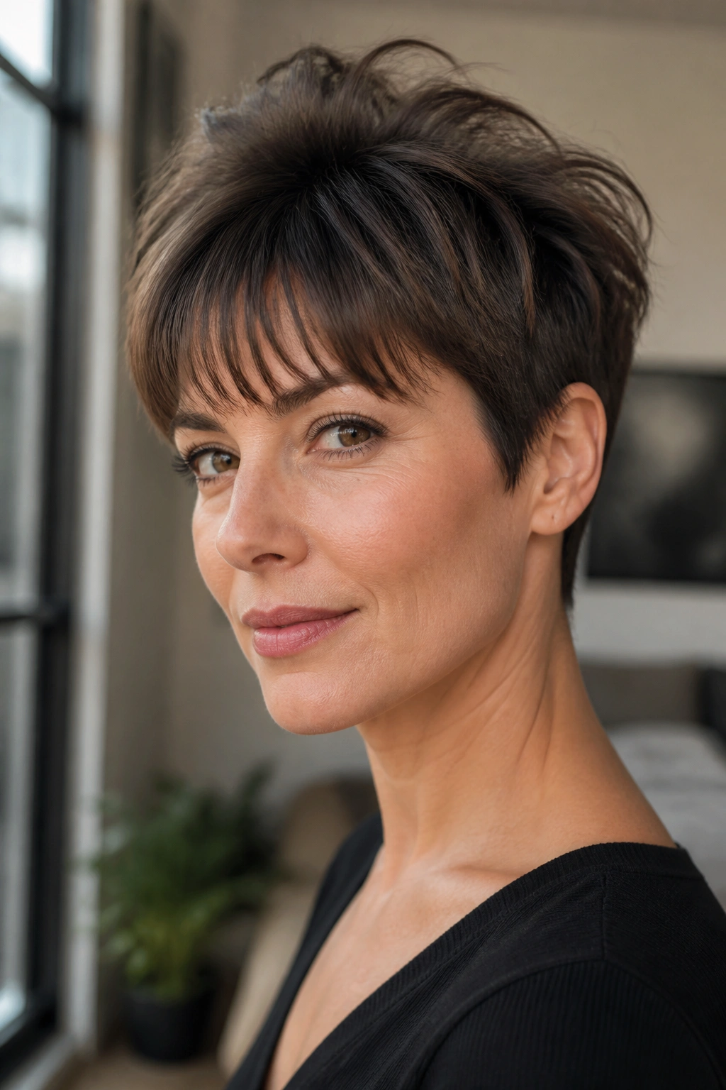 Close-up of a woman with a crown-lift pixie and soft fringe