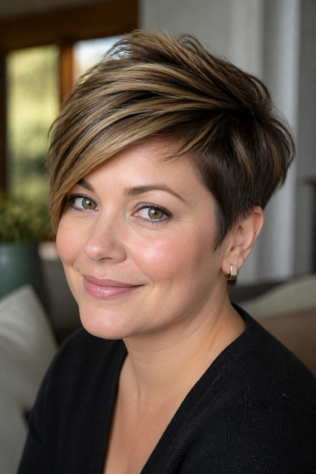 Close-up of a real woman with Side-Swept Pixie With Crown Lift for Round Faces hairstyle
